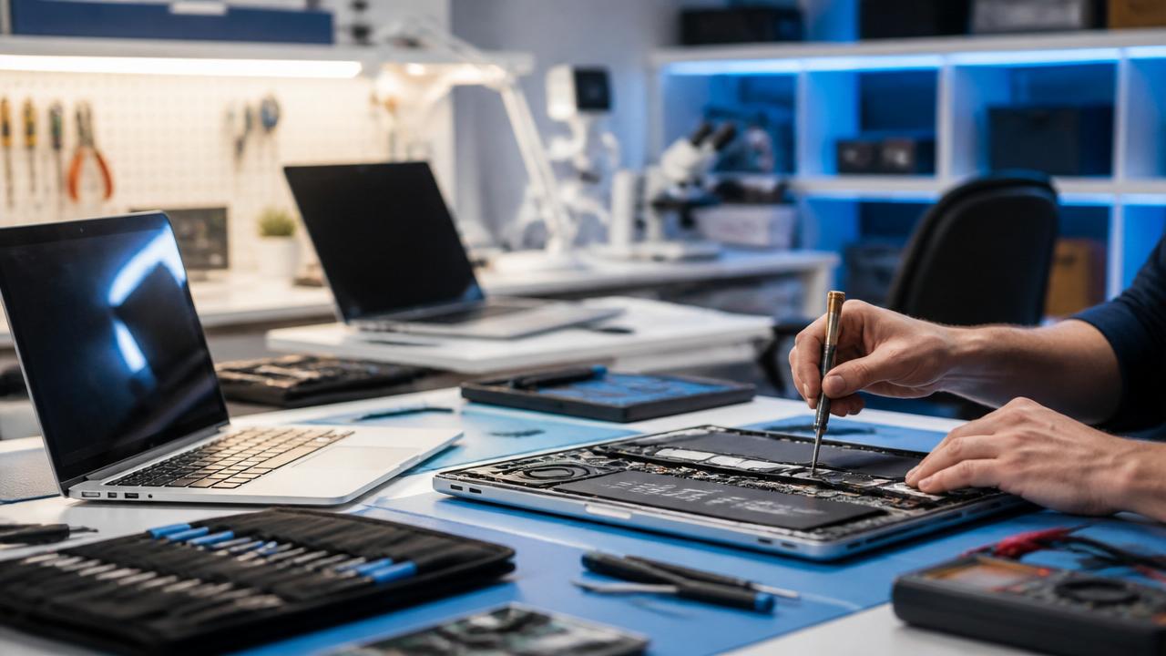 Professional laptop repair service center workspace